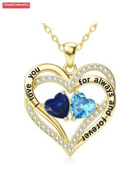 14K Gold Double Heart Birthstone Pendant Necklace